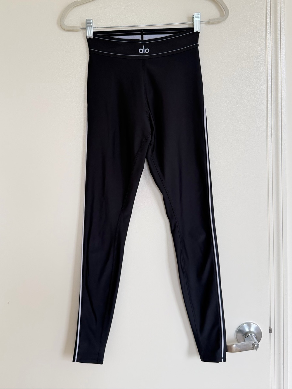 ALO Black Leggings with White Side Stripes